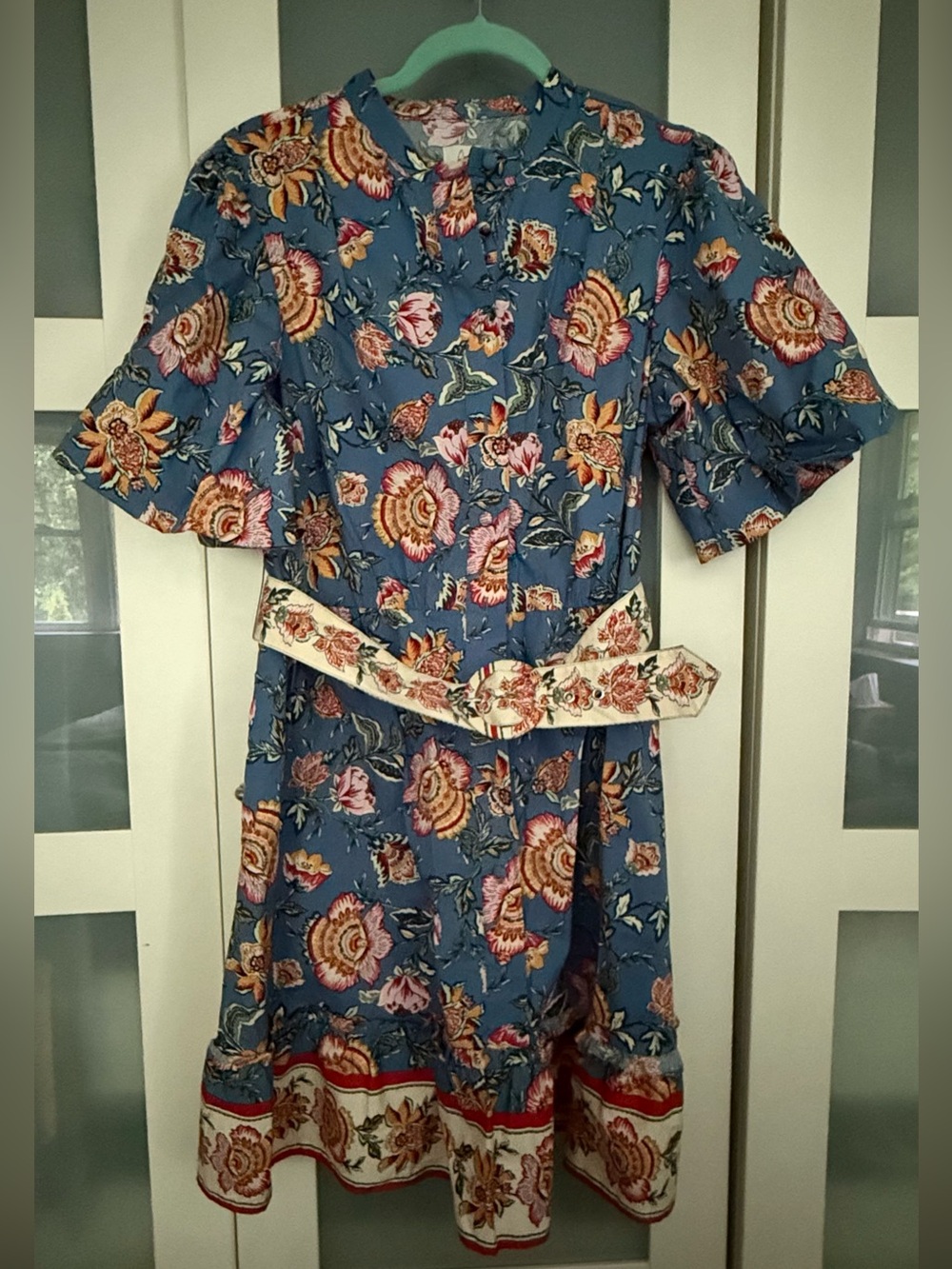 Joie Blue Floral Puff Sleeve Mini Dress Size 10 Button Front Belted Boho